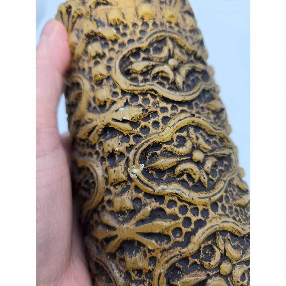 VTG 70s Pillar Candle Unscented Yellow Carved MCM Boho Hippie Retro Castle 9.75
